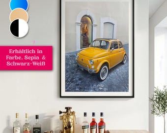 Vintage yellow Fiat 500 poster, gift for Italy lovers, poster for classic car fans, wall decoration for retro fans, Italian street photography