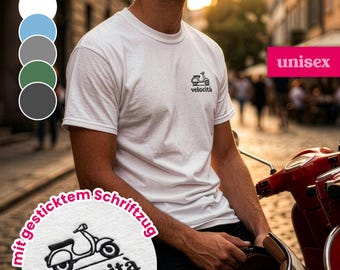 Retro scooter T-shirt, black embroidery, Italian vintage scooter, minimalist embroidery, gift for Italy lovers, scooter fans