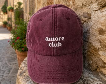 Amore Club cap, vintage cap, bachelorette party statement cap, friends group outfit, holiday outfit group trip, retro cap, Bride Squad team bride