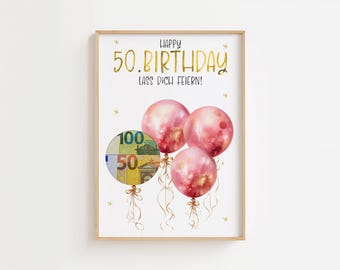 Cash gift for a 50th birthday | Printable PDF card | Instant digital download | Last-minute 50th birthday gift idea for women
