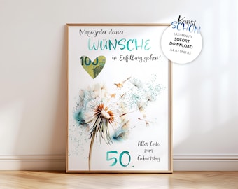 Cash gift for a 50th birthday | PDF template for instant download | Printable birthday poster | Beautiful birthday gift idea