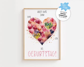 Cash gift for a 50th birthday | Digital PDF template | Printable birthday poster | Money card as a gift for a 50th birthday