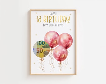 Geldcadeau voor een 18e verjaardag | Afdrukbare sjabloon | DIY verjaardagscadeau | Direct PDF downloaden | Last-minute cadeau-idee voor een achttiende verjaardag