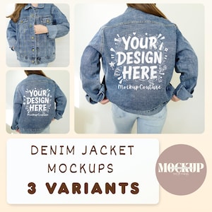 May include: Three denim jacket mockups are displayed, showcasing different angles of the garment. The jackets are a classic blue denim color. The back of one jacket features the text "YOUR DESIGN HERE" in white. The image also includes the text "DENIM JACKET MOCKUPS 3 VARIANTS".