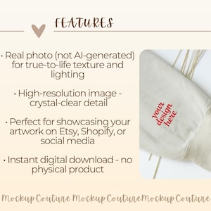 K&ouml;nnte beinhalten: Ein Mockup-Bild mit einem beigefarbenen Sweatshirt-&Auml;rmel mit dem Text "your design here" in Rot. Das Bild enth&auml;lt Text, der "FEATURES", "Real photo (not AI-generated)" und "Instant digital download - no physical product" lautet.