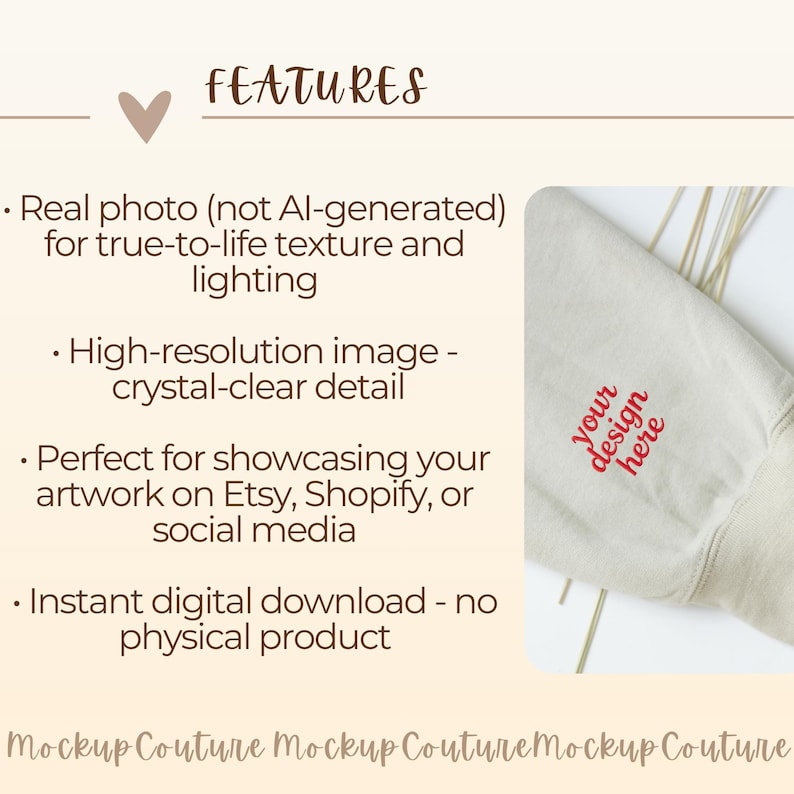 K&ouml;nnte beinhalten: Ein Mockup-Bild mit einem beigefarbenen Sweatshirt-&Auml;rmel mit dem Text "your design here" in Rot. Das Bild enth&auml;lt Text, der "FEATURES", "Real photo (not AI-generated)" und "Instant digital download - no physical product" lautet.