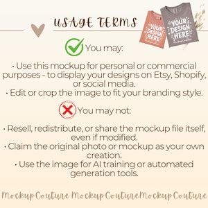 K&ouml;nnte beinhalten: Ein Mockup-Bild mit zwei T-Shirts, eines korallenfarbenes und eines graues, mit dem Text "YOUR DESIGN HERE". Das Bild enth&auml;lt auch Nutzungsbedingungen, mit einem gr&uuml;nen H&auml;kchen f&uuml;r zul&auml;ssige Verwendungen und einem roten X f&uuml;r verbotene Aktionen.