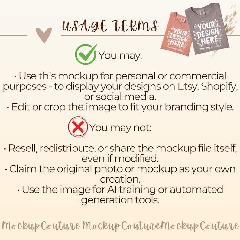K&ouml;nnte beinhalten: Ein Mockup-Bild mit zwei T-Shirts, eines korallenfarbenes und eines graues, mit dem Text "YOUR DESIGN HERE". Das Bild enth&auml;lt auch Nutzungsbedingungen, mit einem gr&uuml;nen H&auml;kchen f&uuml;r zul&auml;ssige Verwendungen und einem roten X f&uuml;r verbotene Aktionen.