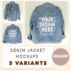 May include: Three denim jacket mockups in various angles. The jackets are light blue with a distressed look. One jacket displays the text "YOUR DESIGN HERE" on the back. The image also includes the text "DENIM JACKET MOCKUPS 3 VARIANTS".