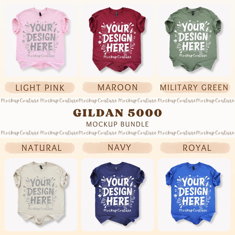 K&ouml;nnte beinhalten: Ein Mockup-Bundle von Gildan 5000 T-Shirts in verschiedenen Farben, darunter Hellrosa, Bordeaux, Milit&auml;rgr&uuml;n, Natur, Marineblau und K&ouml;nigsblau. Jedes Shirt zeigt den Text "YOUR DESIGN HERE" in einer stilisierten Schriftart.