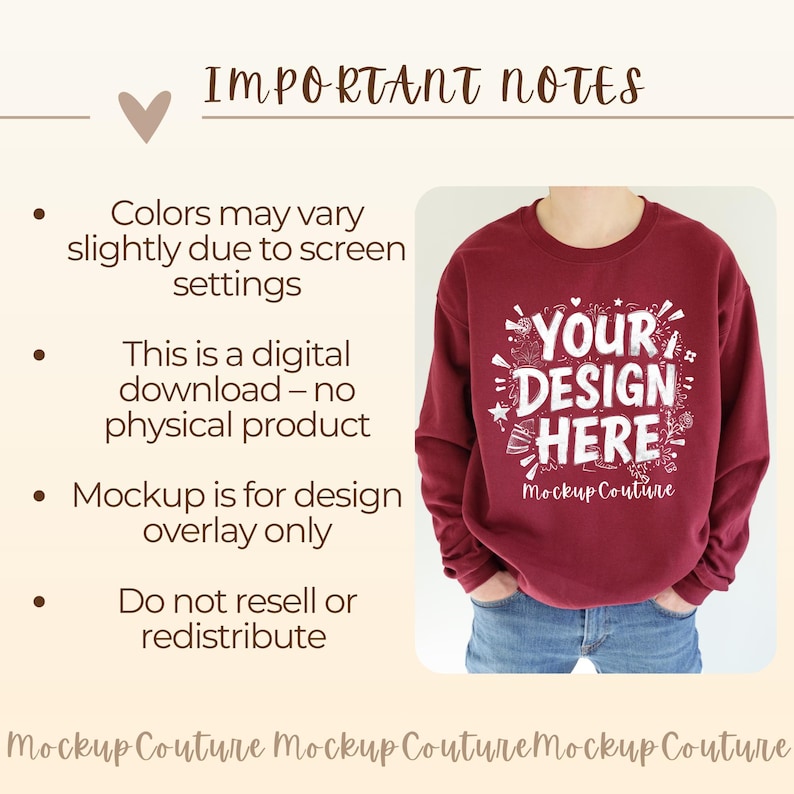 K&ouml;nnte beinhalten: Ein weinrotes Sweatshirt mit dem wei&szlig;en Text "YOUR DESIGN HERE" und einem dekorativen Design. Das Mockup enth&auml;lt auch den Text "Mockup Couture". Das Bild enth&auml;lt auch den Text "IMPORTANT NOTES".