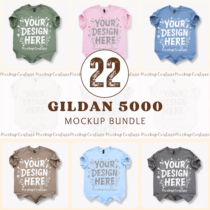 K&ouml;nnte beinhalten: Ein Mockup-Bundle mit sechs Gildan 5000 T-Shirts in verschiedenen Farben, darunter Gr&uuml;n, Rosa und Blau. Jedes Shirt zeigt den Text "YOUR DESIGN HERE" in einer dekorativen Schriftart. Eine zentrale Grafik zeigt die Zahl "22".