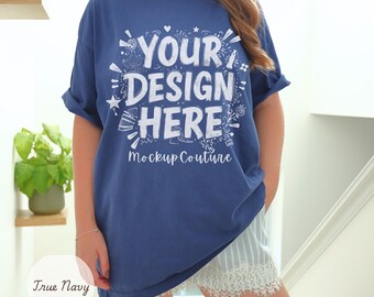 Comfort Colors True Navy T-Shirt Mockup, Boho Style (Digital Download)