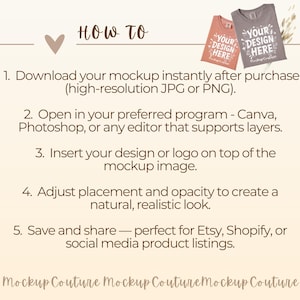 K&ouml;nnte beinhalten: Ein Mockup-Bild mit Anweisungen zur Verwendung. Der Text lautet &bdquo;HOW TO&ldquo; und listet Schritte zum Herunterladen, &Ouml;ffnen in einem Programm, Einf&uuml;gen eines Designs, Anpassen der Platzierung und Speichern auf. Zwei T-Shirts mit &bdquo;YOUR DESIGN HERE&ldquo; werden angezeigt.