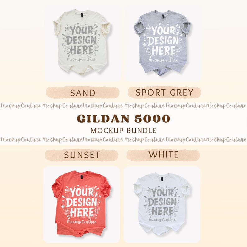 K&ouml;nnte beinhalten: Ein Mockup-Bundle von Gildan 5000 T-Shirts in Sand, Sportgrau, Sunset und Wei&szlig;. Jedes Shirt zeigt den Text "YOUR DESIGN HERE" in einer dekorativen Schriftart. Die Shirts sind auf einem neutralen Hintergrund angeordnet.