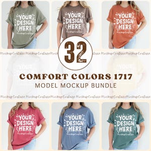 May include: A collection of six Comfort Colors t-shirts in various colors, each featuring the text "YOUR DESIGN HERE" in a white, stylized font. The image also includes the text "COMFORT COLORS 1717 MODEL MOCKUP BUNDLE" and the number "32".
