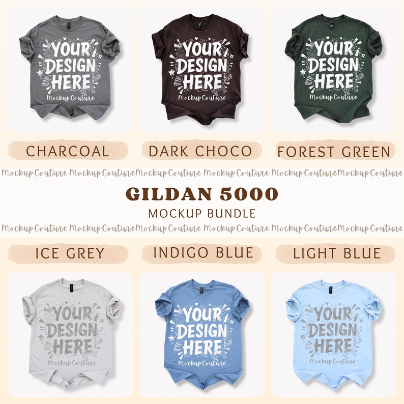 K&ouml;nnte beinhalten: Ein Mockup-Bundle von Gildan 5000 T-Shirts in verschiedenen Farben, darunter Anthrazit, dunkle Schokolade und Waldgr&uuml;n. Jedes Shirt zeigt den Text "YOUR DESIGN HERE" in einer dekorativen Schriftart. Weitere Farben sind Eisgrau, Indigoblau und Hellblau.