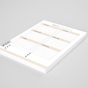 May include: A stack of white weekly planner sheets with a beige border. The planner is divided into sections for each day of the week, with space for notes. The word "IMPORTANT!" is printed on the left side.
