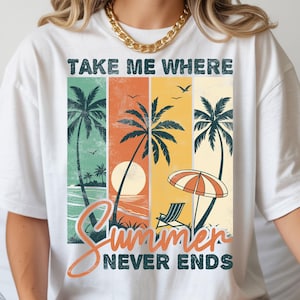 T-shirt med motivet "Ta mig dit sommaren aldrig slutar", retro-motiv med strandsolnedgång (digital nedladdning)