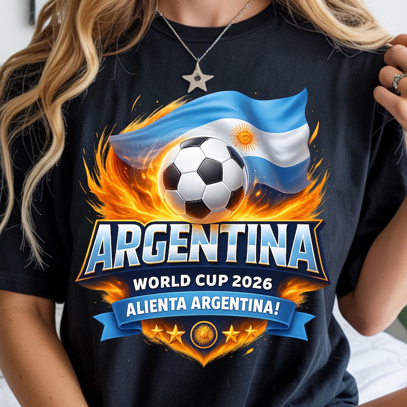 Argentina World Cup 2026 football fan design with soccer ball and Argentina flag flames, usa world cup png, world cup shirt, fifa
