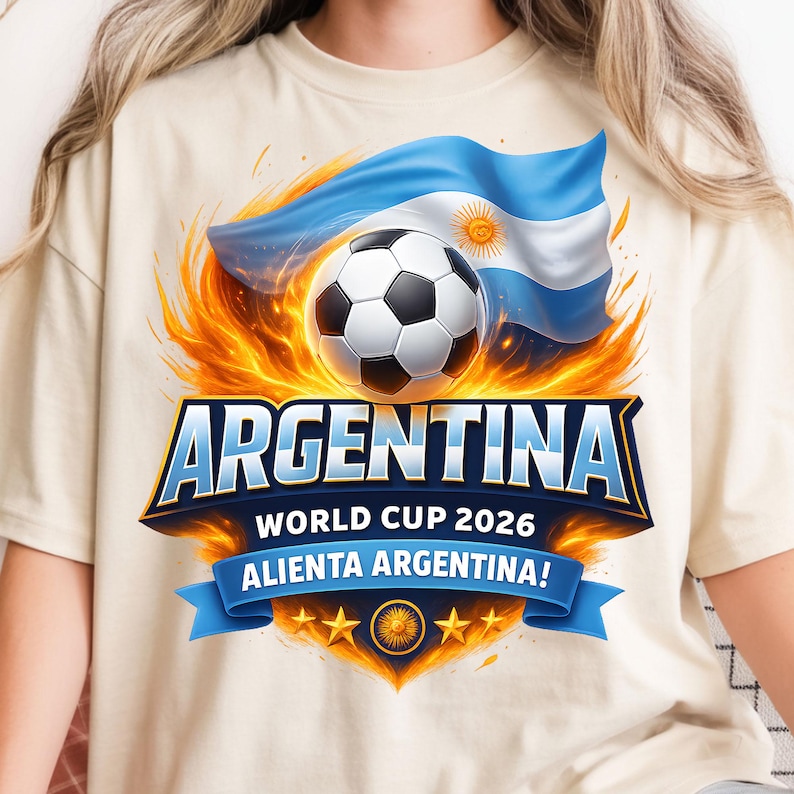 Argentina World Cup fan design with soccer ball and patriotic flag banner