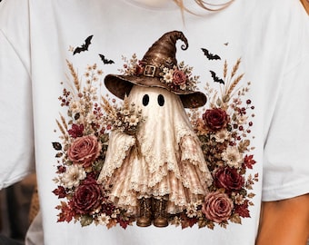 Cozy Kawaii Ghost PNG, Autumn Floral Halloween PNG, Spooky decor (Digital Download)