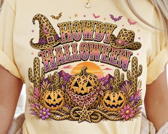 Howdy Halloween PNG, Halloween Pumpkin Clipart, leopard cowgirl design, spooky season printable (Digital Download)