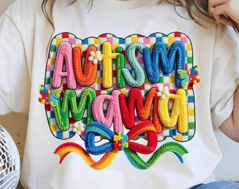 Autism Mama Rainbow PNG, Retro Patch Style Letters, Mom Support Shirt Design (Digital Download)