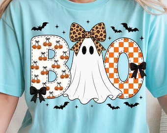 Boo PNG, Halloween Ghost PNG, Leopard print Bow clipart, spooky shirt design (Digital Download)