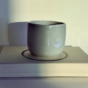 Könnte beinhalten: Eine hellblaue Keramiktasse steht auf einem geschlossenen Buch. Die Tasse hat eine abgerundete Form und eine glatte, glänzende Oberfläche. Getrocknete Blumen und ihre Schatten sind im Hintergrund zu sehen, was eine minimalistische Ästhetik erzeugt.