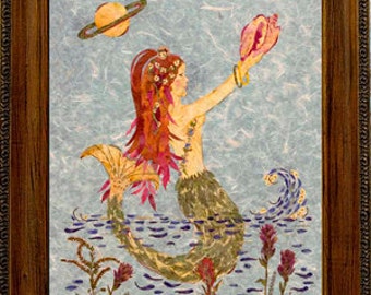 Mermaid Fantasy Flower Fairy Framed Art *Saturn Rising* Original REAL Pressed Flower Mermaid Picture Magical Conch Shell Hanging Wall Decor