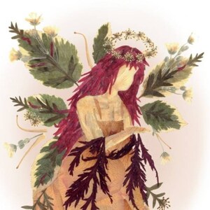 May include: A floral art piece depicting a fairy with long red hair, wearing a crown of flowers and a dress made of dried leaves and flowers.