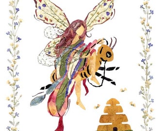 Flower Fairy Art *Queen Bee* 8x10 PRINT Faery Picture Petal Painting Magical Fantasy Design Pressed Flower Artwork Fairy Queen Riding Bee