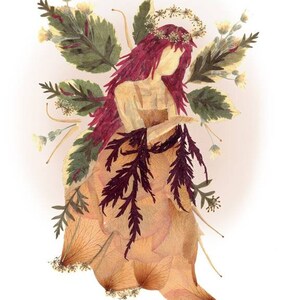 May include: A fairy made of pressed flowers and leaves, with a crown of white flowers and long red hair. The fairy is wearing a dress made of petals and leaves, and is holding a bouquet of flowers.