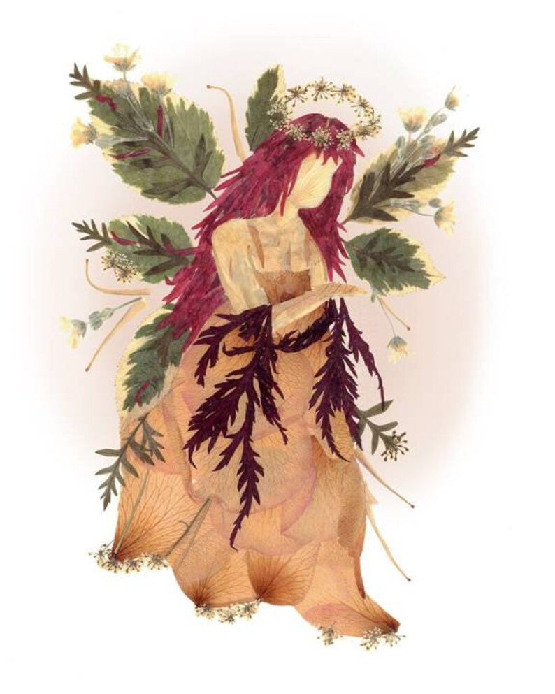 May include: A fairy made of pressed flowers and leaves, with a crown of white flowers and long red hair. The fairy is wearing a dress made of petals and leaves, and is holding a bouquet of flowers.