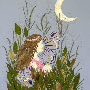 Fairy Art Crescent Moon *Eclipse* Pressed Flower 8x10 PRINT Giclee Wall Art Children&#39;s Nursery Magical Fantasy Picture Fairy Petal Painting