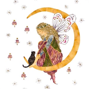 Flower Fairy Art *Orion&#39;s Heaven* Pressed Petal Fairies Picture 8x10 PRINT Crescent Moon Faery Wings Fantasy Magical Cat Moon Original Artsy