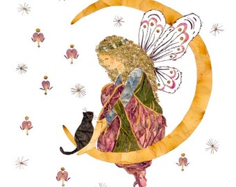 Flower Fairy Art *Orion's Heaven* Pressed Petal Fairies Picture 8x10 PRINT Crescent Moon Faery Wings Fantasy Magical Cat Moon Original Artsy