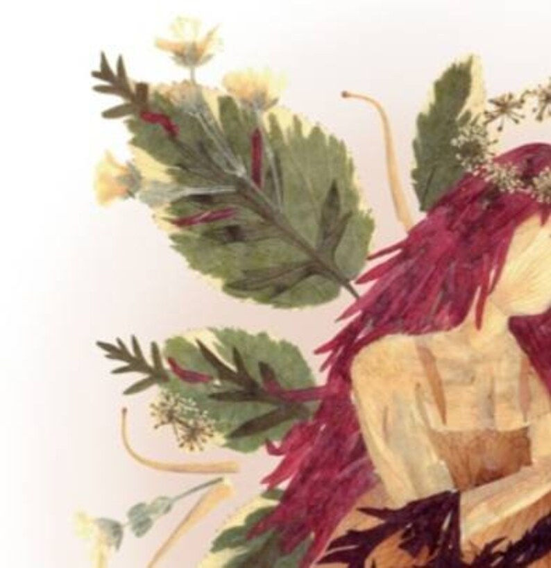 May include: A floral art piece featuring a woman with long, dark red hair. The woman is made of dried flowers and leaves, and she is wearing a dress made of the same materials. The background is a light pink.