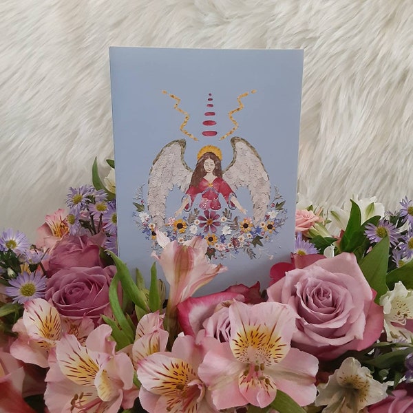 Fairy Flower *Angel of Abundance* Pressed Flower 5x7 GREETING CARD Heavenly Angel Wings Enchanted Garden Suitable for Framing Angel Card