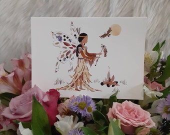 Fairy Flower Art *Messenger of Peace* White Buffalo Calf Woman 5x7 GREETING CARD w/Envelope Female Energy Petal Painting Flower Fairy Wings