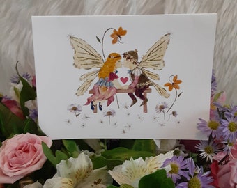 Flower Fairy Art *Childhood Sweethearts* Pressed Flower 5x7 GREETING CARD w/Envelope Fairie Wings Fairy Tale Suitable for Framing Garden Art