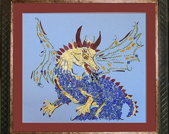 Fantasy Flower Art Picture Magical Dragon Medicine REAL Pressed Flowers "Transformation" Fire Breathing Dragon Wings Framed Petal Painting