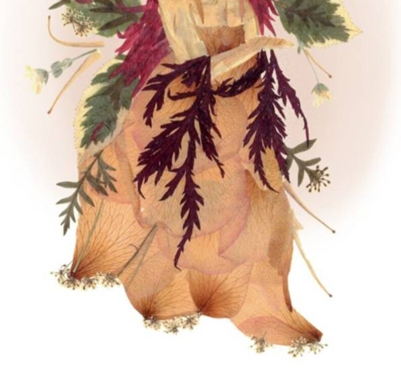 May include: A dried flower arrangement featuring a variety of dried flowers and leaves, including a large rose, ferns, and small white flowers. The arrangement is in shades of brown, beige, and purple.