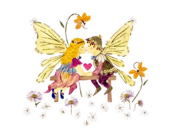 Flower Fairy Art *Childhood Sweethearts* Pressed Flower 8x10 PRINT Giclee Fairies Wings Faery Tales Young Lovers Children's Nursery Wall Art
