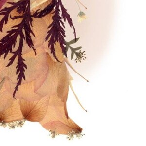 May include: A delicate arrangement of dried flowers and leaves, featuring a variety of textures and colors. The arrangement is primarily composed of beige and brown petals, with accents of deep purple and green.