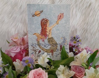 Mermaid Fantasy Flower Fairy Art 5x7 GREETING CARD Cosmic *Saturn Rising* Conch Shell Mermaid Picture Fairy Card w/Envelope Gift for Her