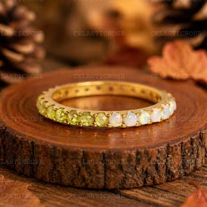 Anillo de eternidad vintage de oro macizo, anillo de boda solitario de ópalo y peridoto, regalo de aniversario para esposa, delicado anillo apilable, regalo nupcial