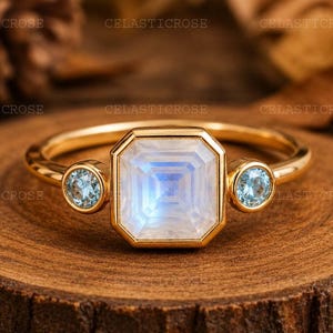 Asscher Cut Moonstone Wedding Ring Bezel Set Three Stone Ring, 14K Gold Engagement Ring, Anniversary Gift, Aquamarine Promise Ring for Women