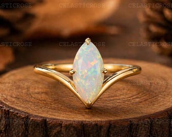 Anillo de compromiso minimalista de oro de 14k con ópalo talla marquesa de 2,0 ct, anillo de promesa nupcial curvo y delicado, solitario, regalo para la esposa.